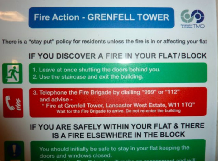 Λάθος οδηγίες για περίπτωση πυρκαγιάς Grenfell Tower. Πρότειναν σε περίπτωση πυρκαγιάς σε άλλο μέρος του block να παραμείνει ο ένοικος στο διαμέρισμα με πόρτα και παράθυρα κλειστά.