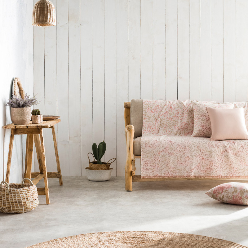 Ριχτάρι για τον τριθέσιο καναπέ με φλοράλ παλαιωμένο σχέδιο σε εκρού χρώμα με ροζ - σομόν λεπτομέρειες