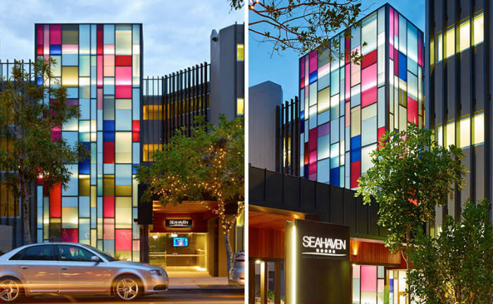 ξενοδοχείο με χρώμα και άποψη θυμίζει φουτουριστική μακέτα