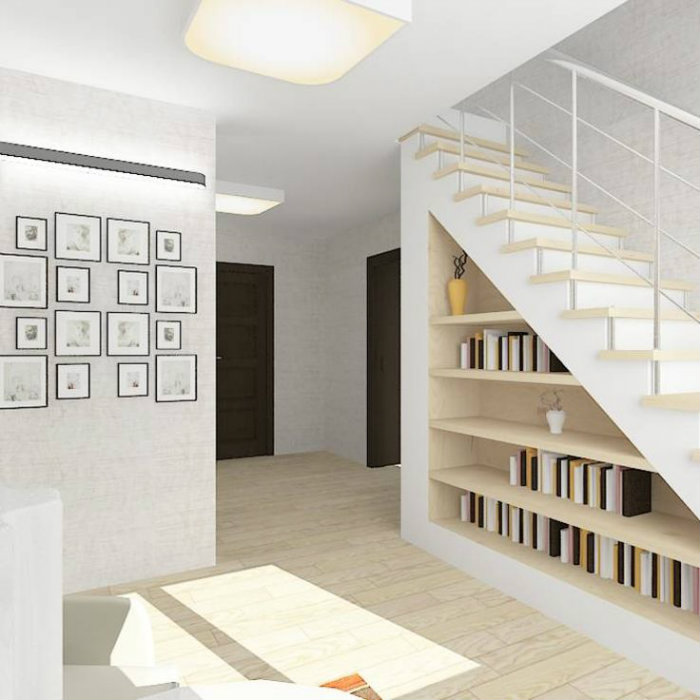 βιβλιοθήκη και ράφια κάτω από τις σκάλες