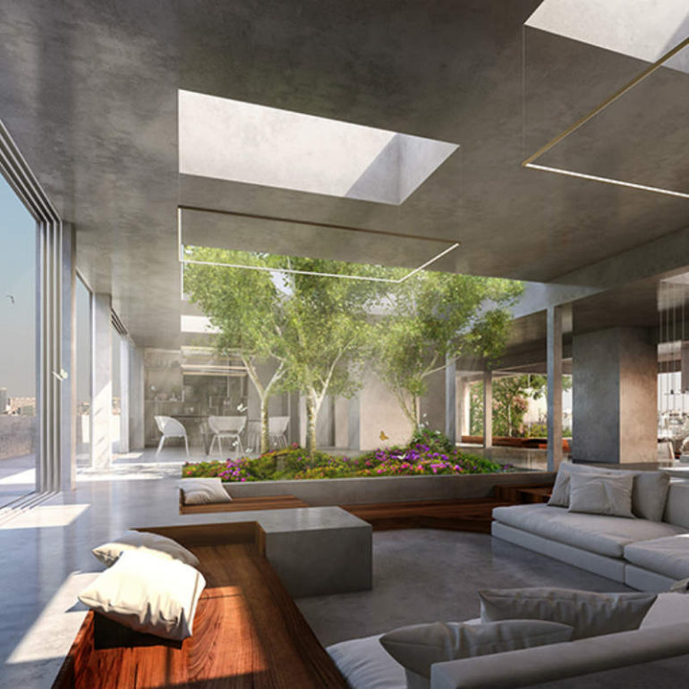 Το κυρίως καθιστικό με θέα στον μεγάλο κήπο.