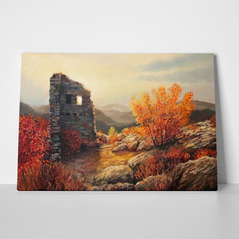 πινακας σε καμβα ζωγραφικης δεντρα καστρα φυση τοπια φθινοπωρο