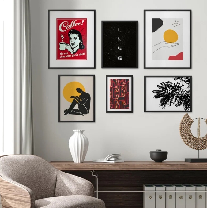 gallery wall ποστερς posters ποστερ σετ sticky σκανδιναβικο στυλ διακοσμηση μοντερνα σαλονια κιτρινο κοκκινο μαυρο