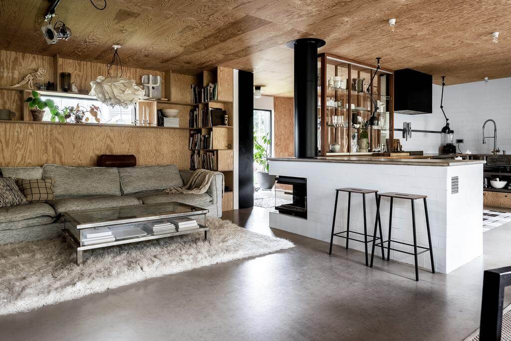 βιωσιμο οικολογικο σπιτι φυσικο ξυλο 2023 κοντρα πλακε ανοιχτο πλανο κουζινα σαλονι