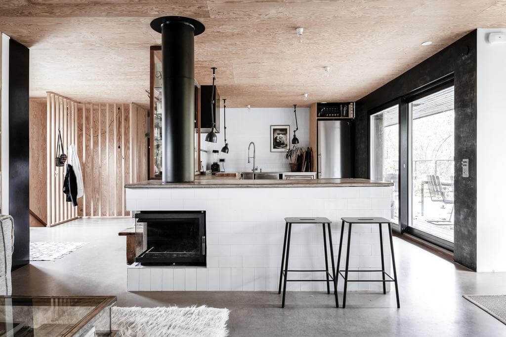 βιωσιμο οικολογικο σπιτι φυσικο ξυλο 2023 κοντρα πλακε ανοιχτο πλανο κουζινα σαλονι