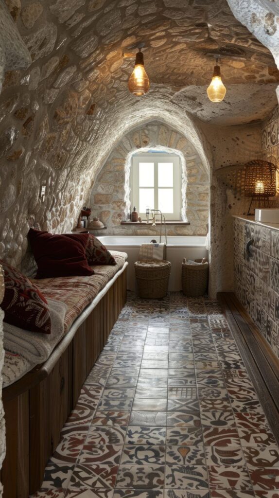 χειροποίητα πλακάκια μπάνιου, μπλε λευκά πλακάκια, κεραμικός νιπτήρας χειροποίητος, ελεύθερη μπανιέρα μεσογειακή, ορειχάλκινα εξαρτήματα μπάνιου, χάλκινες βρύσες μπάνιου, μαροκινά zellige πλακάκια, ισπανικά azulejos μπάνιο, ελληνικά μοτίβα πλακιδίων, τοίχος δήλωση μπάνιου, σπα στο σπίτι, μεσογειακή χαλάρωση μπάνιου, κομψότητα μπάνιου μεσογειακή, μεσογειακό καταφύγιο χαλάρωσης, πολυτελές μεσογειακό μπάνιο, πετρα μπανιο