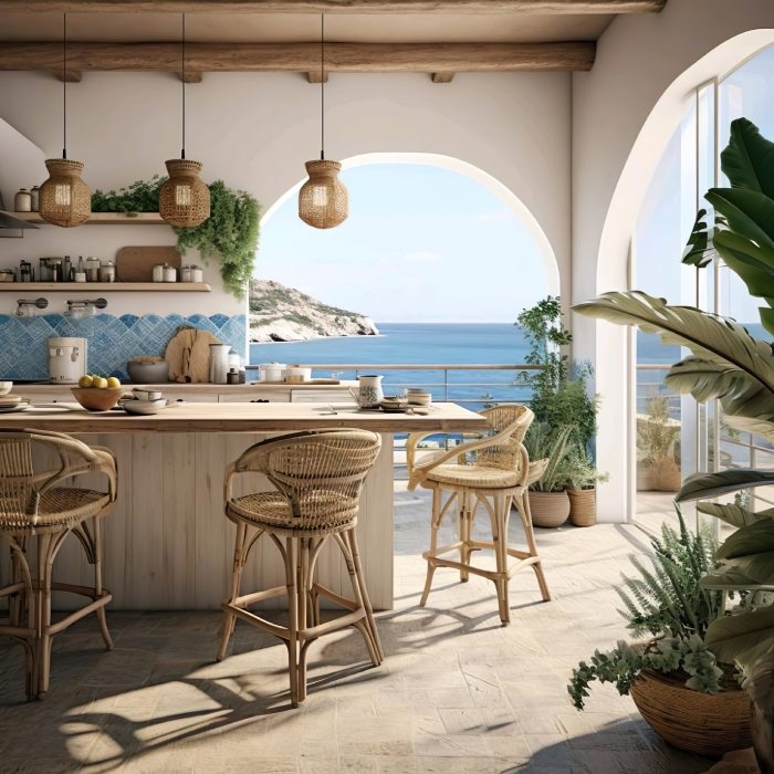 ανοιχτά ράφια κουζίνας, εκτεθειμένα κεραμικά σκεύη, πάγκοι από μάρμαρο, μπλε ντουλάπια κουζίνας, κουζίνα λευκό μάρμαρο, πάγκοι φυσικής πέτρας, βότανα σε γλάστρες, ελαιόλαδο διακοσμητικό στοιχείο, λειτουργική μεσογειακή κουζίνα, κεραμικά πιάτα τοίχου, μεσογειακός δίσκος κουζίνας, πήλινα σκεύη μαγειρικής, νησιώτικη κουζίνα στυλ, παραδοσιακή μεσογειακή κουζίνα, φυσικά υλικά κουζίνας