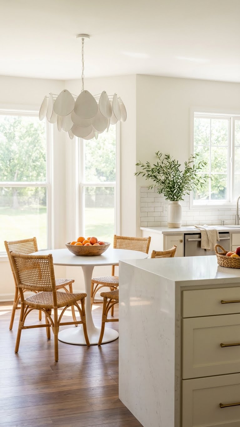 Αέρινη γωνιά πρωινού σε φωτεινή κουζίνα με στρογγυλό λευκό τραπέζι, ψάθινες καρέκλες, πολλά παράθυρα και λιτή διακόσμηση σε φυσικούς τόνους.