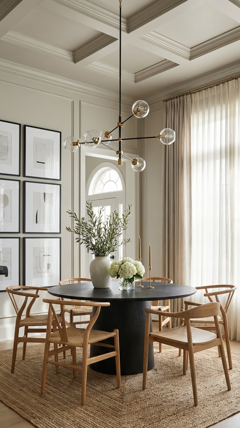 Γωνιά πρωινού με ψηλό ταβάνι, μεγάλο στρογγυλό τραπέζι, ξύλινες καρέκλες, τοίχο με πολλά κάδρα και εντυπωσιακό κρεμαστό φωτιστικό