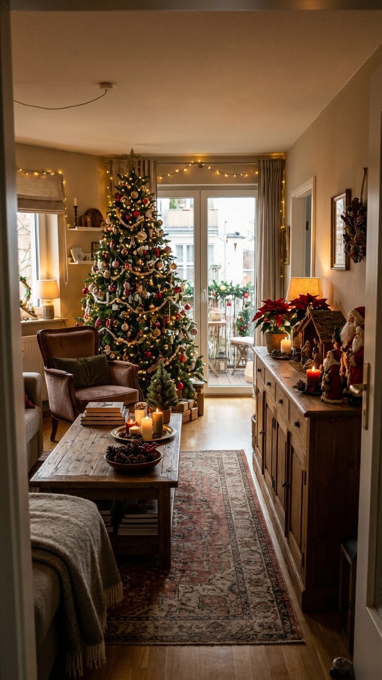 χριστουγεννιατικη διακοσμηση μικρου σαλονιου, ιδεες για μικρο σαλονι τα χριστουγεννα, πρακτικος μαξιμαλισμος, παραδοσιακη χριστουγεννιατικη διακοσμηση, χριστουγεννιατικο δεντρο σε μικρο σαλονι, διακοσμηση τραπεζιου σαλονιου χριστουγεννα, φωτακια σαλονιου, υφασματα για χριστουγεννιατικο σαλονι, αποθηκευση χριστουγεννιατικων στολιδιων, μικρο σαλονι διακοσμηση γιορτες