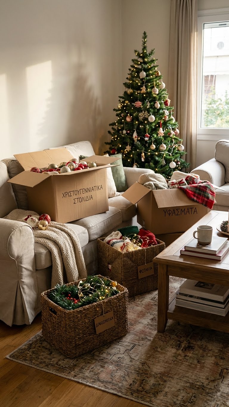 χριστουγεννιατικη διακοσμηση μικρου σαλονιου, ιδεες για μικρο σαλονι τα χριστουγεννα, πρακτικος μαξιμαλισμος, παραδοσιακη χριστουγεννιατικη διακοσμηση, χριστουγεννιατικο δεντρο σε μικρο σαλονι, διακοσμηση τραπεζιου σαλονιου χριστουγεννα, φωτακια σαλονιου, υφασματα για χριστουγεννιατικο σαλονι, αποθηκευση χριστουγεννιατικων στολιδιων, μικρο σαλονι διακοσμηση γιορτες ξεστολισμα αποθηκευση οργανωση κουτες