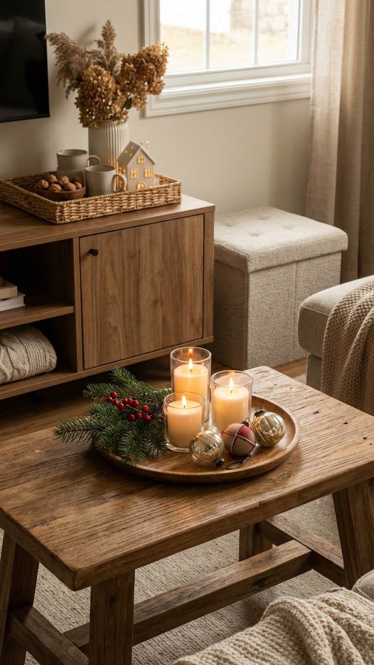 χριστουγεννιατικη διακοσμηση μικρου σαλονιου, ιδεες για μικρο σαλονι τα χριστουγεννα, πρακτικος μαξιμαλισμος, παραδοσιακη χριστουγεννιατικη διακοσμηση, χριστουγεννιατικο δεντρο σε μικρο σαλονι, διακοσμηση τραπεζιου σαλονιου χριστουγεννα, φωτακια σαλονιου, υφασματα για χριστουγεννιατικο σαλονι, αποθηκευση χριστουγεννιατικων στολιδιων, μικρο σαλονι διακοσμηση γιορτες δισκοι μικρα διακοσμητικα αποθηκευση