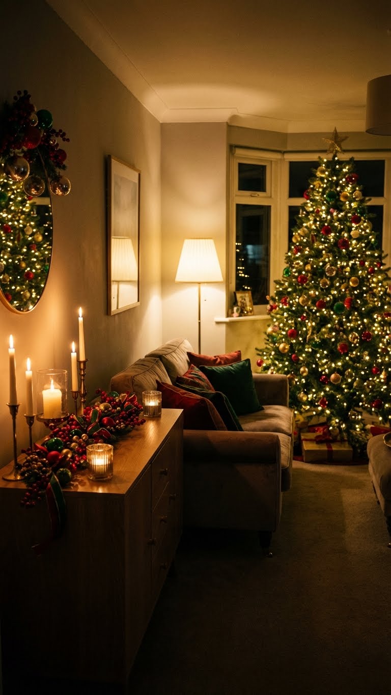 χριστουγεννιατικη διακοσμηση μικρου σαλονιου, ιδεες για μικρο σαλονι τα χριστουγεννα, πρακτικος μαξιμαλισμος, παραδοσιακη χριστουγεννιατικη διακοσμηση, χριστουγεννιατικο δεντρο σε μικρο σαλονι, διακοσμηση τραπεζιου σαλονιου χριστουγεννα, φωτακια σαλονιου, υφασματα για χριστουγεννιατικο σαλονι, αποθηκευση χριστουγεννιατικων στολιδιων, μικρο σαλονι διακοσμηση γιορτες φωτισμος κερια