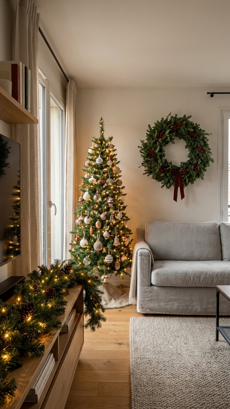 χριστουγεννιατικη διακοσμηση μικρου σαλονιου, ιδεες για μικρο σαλονι τα χριστουγεννα, πρακτικος μαξιμαλισμος, παραδοσιακη χριστουγεννιατικη διακοσμηση, χριστουγεννιατικο δεντρο σε μικρο σαλονι, διακοσμηση τραπεζιου σαλονιου χριστουγεννα, φωτακια σαλονιου, υφασματα για χριστουγεννιατικο σαλονι, αποθηκευση χριστουγεννιατικων στολιδιων, μικρο σαλονι διακοσμηση γιορτες