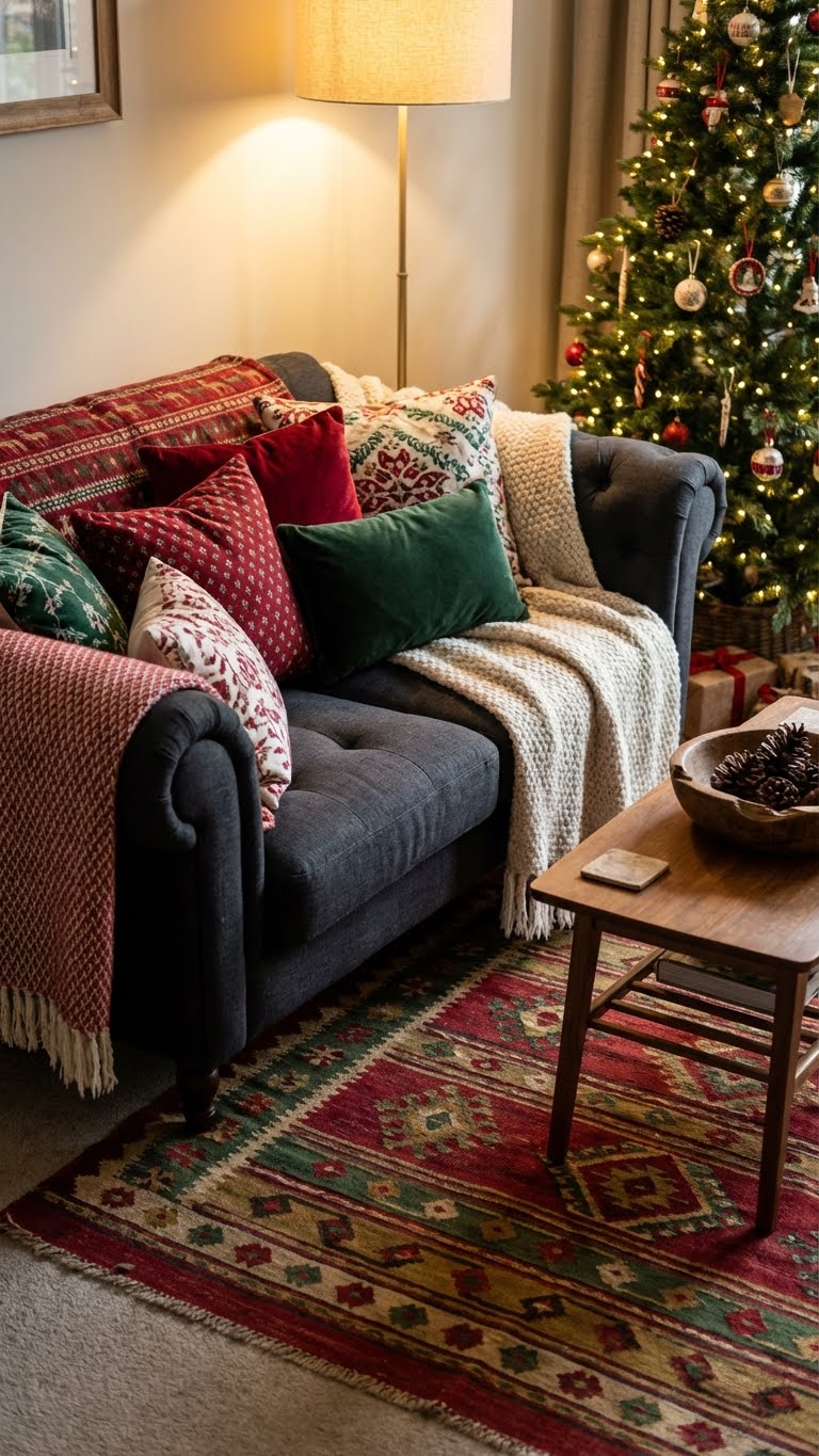 χριστουγεννιατικη διακοσμηση μικρου σαλονιου, ιδεες για μικρο σαλονι τα χριστουγεννα, πρακτικος μαξιμαλισμος, παραδοσιακη χριστουγεννιατικη διακοσμηση, χριστουγεννιατικο δεντρο σε μικρο σαλονι, διακοσμηση τραπεζιου σαλονιου χριστουγεννα, φωτακια σαλονιου, υφασματα για χριστουγεννιατικο σαλονι, αποθηκευση χριστουγεννιατικων στολιδιων, μικρο σαλονι διακοσμηση γιορτες υφασματα στρωσεις χαλι