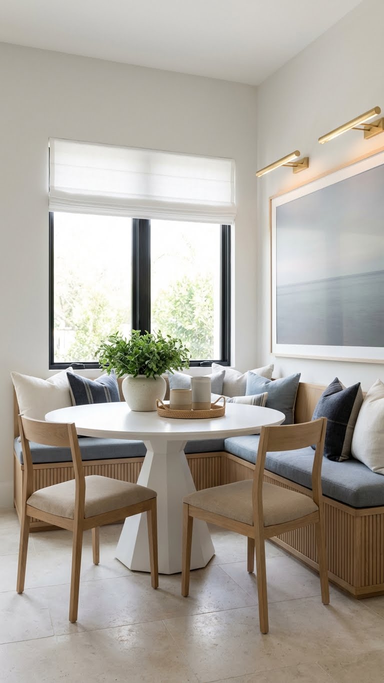 Coastal γωνιά πρωινού με στρογγυλό τραπέζι, ξύλινες καρέκλες, μεγάλο ενσωματωμένο παγκάκι με πολλά μαξιλάρια και μεγάλο κάδρο με φωτιστικά από πάνω.