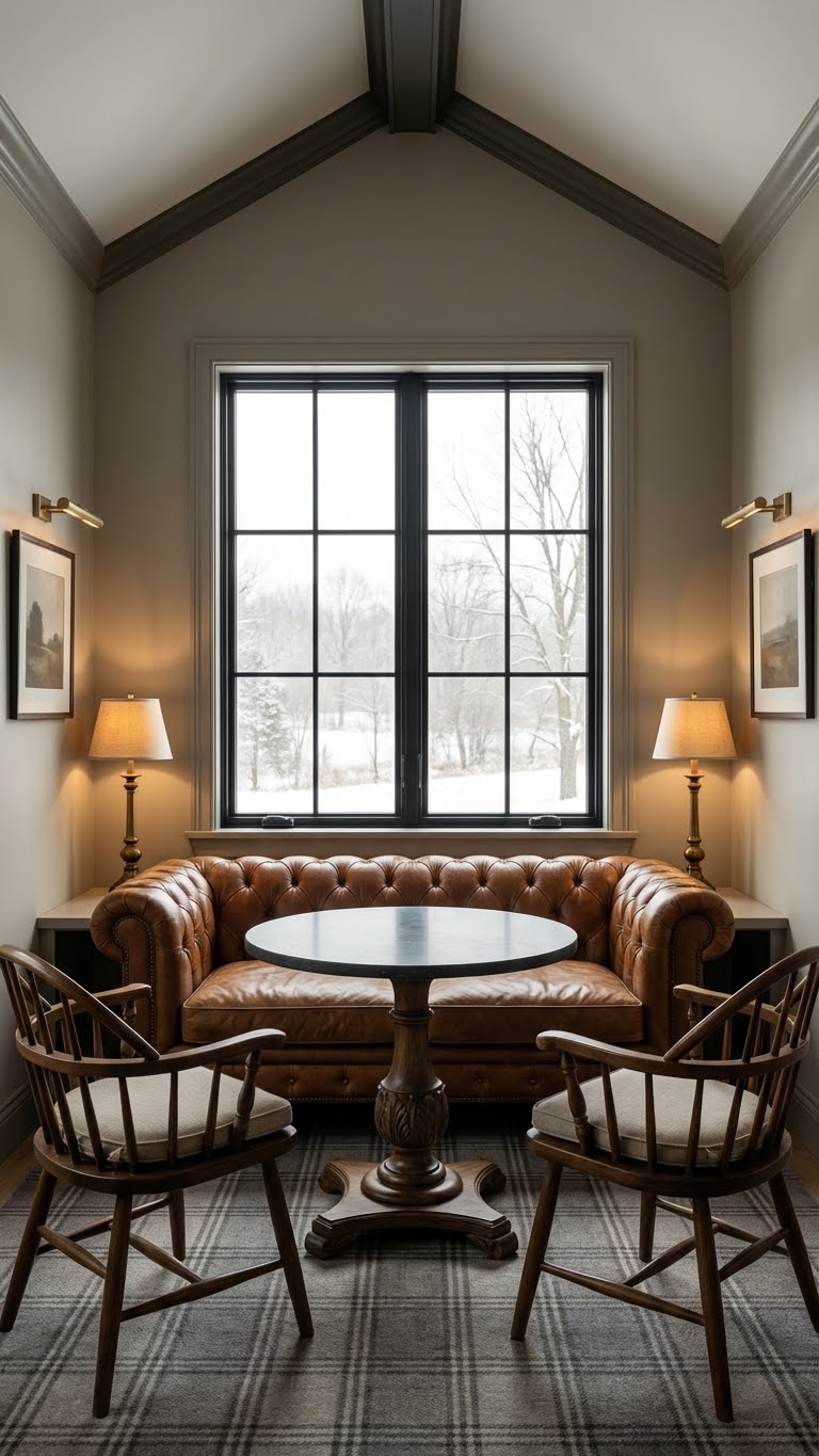 Γωνιά πρωινού τύπου country με δερμάτινο καπιτονέ καναπέ, στρογγυλό τραπέζι, δύο ξύλινες πολυθρόνες και δύο λάμπες κάτω από μεγάλο παράθυρο με μαύρο πλαίσιο.