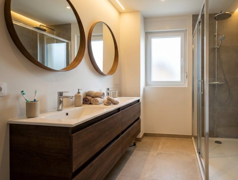 διπλος νιπτηρας μικρο μπανιο, διαστασεις διπλου νιπτηρα, ζευγαρι σε μικρο μπανιο, αποθηκευση κατω απο νιπτηρα, επιπλο μπανιου με συρταρια, διπλος νιπτηρας για ζευγαρι, μικρο μπανιο ιδεες, διαταξη μικρου μπανιου, επιπλα μπανιου με νιπτηρα