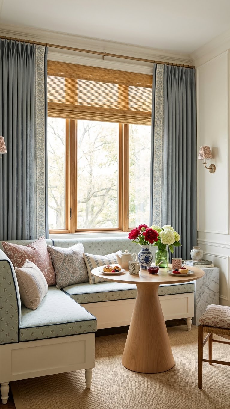 Εκλεκτική γωνιά πρωινού με γωνιακό παγκάκι σε κλασικό μοτίβο, στρογγυλό τραπέζι με κεντρικό πόδι, πολλά μαξιλάρια και κουρτίνες σε μπλε-γκρι αποχρώσεις με διαχρονικό τελείωμα.