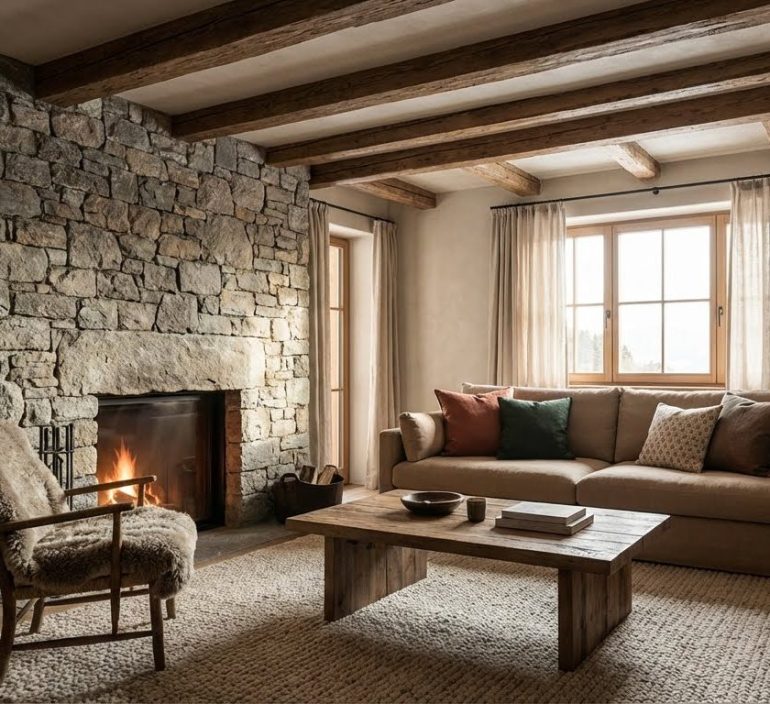 εξοχικο στο βουνο ορεινο διακοσμηση πετρα ξυλο γηινες αποχρωσεις