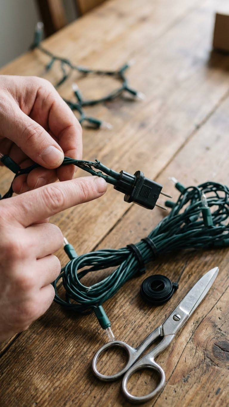 Χέρια που ελέγχουν καλώδιο από χριστουγεννιάτικα λαμπάκια πάνω σε τραπέζι.