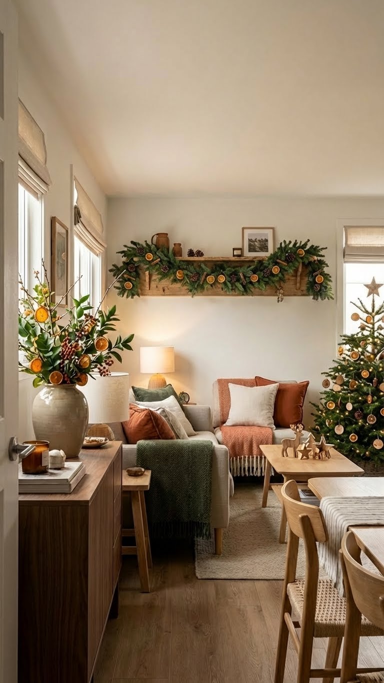 φυσικη χριστουγεννιατικη διακοσμηση, γιρλαντες απο ελατο, γιρλαντες απο αληθινο ελατο, αποξηραμενα πορτοκαλια, ξυλινα χριστουγεννιατικα στολιδια, βιοφιλικα χριστουγεννα, φυσικα υλικα στη διακοσμηση, diy χριστουγεννιατικη διακοσμηση, zero waste χριστουγεννα, χριστουγεννιατικη διακοσμηση με φυτα