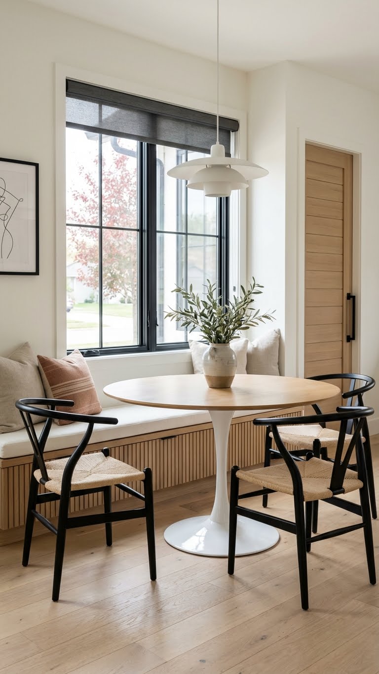 Ουδέτερη γωνιά πρωινού με στρογγυλό τραπέζι, μαύρες καρέκλες με ψάθινο κάθισμα και ενσωματωμένο παγκάκι κάτω από μεγάλο παράθυρο με μαύρο πλαίσιο.