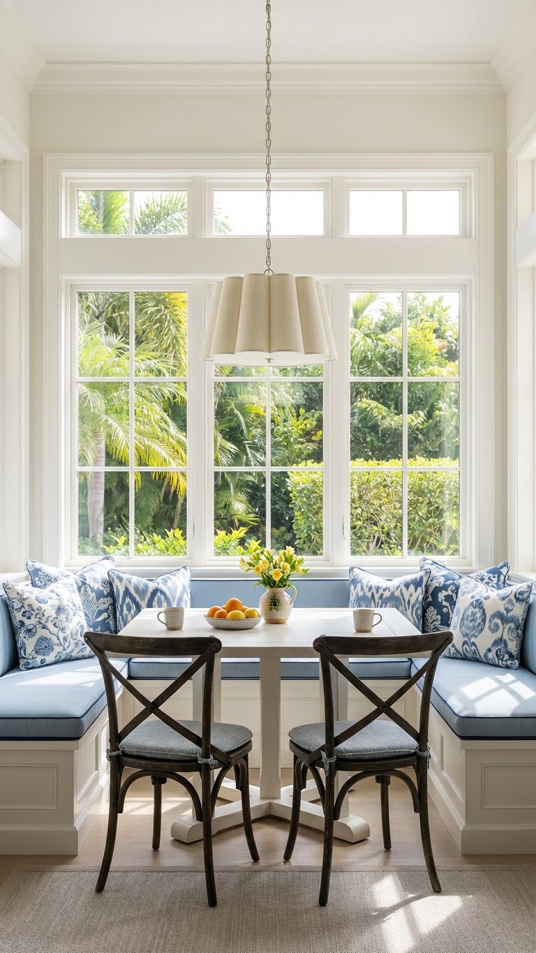 Γωνιά πρωινού κάτω από μεγάλο παράθυρο με θέα κήπο, με ενσωματωμένο παγκάκι σε γαλάζια μαξιλάρια, λευκό τραπέζι και δύο ξύλινες καρέκλες.