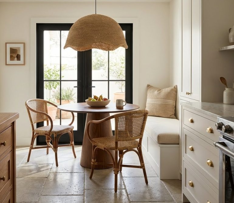 Κουζίνα σε ουδέτερους τόνους με μικρή γωνιά πρωινού στο βάθος, στρογγυλό τραπέζι, ψάθινες καρέκλες και μεγάλο κρεμαστό φωτιστικό πάνω από το τραπέζι.
