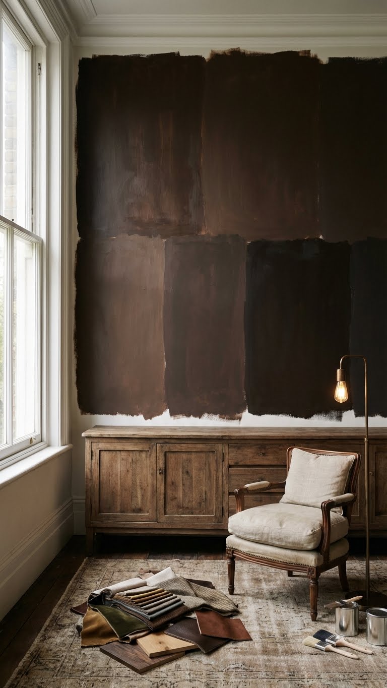 espresso καφε χρωμα τοιχου, βαθια καφε χρωματα, σκουρο καφε σαλονι, καφε τοιχοι σαλονι, καφε τοιχος υπνοδωματιο, cosy dark δωματιο, χρωματα τοιχου 2026, ζεστα χρωματα σαλονιου, χρωματα τοιχου για υπνοδωματιο, διακοσμηση με σκουρο καφε δοκιμη αποχρωσεων πριν το βαψιμο