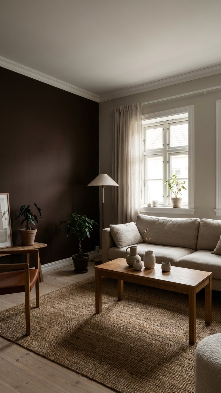 espresso καφε χρωμα τοιχου, βαθια καφε χρωματα, σκουρο καφε σαλονι, καφε τοιχοι σαλονι, καφε τοιχος υπνοδωματιο, cosy dark δωματιο, χρωματα τοιχου 2026, ζεστα χρωματα σαλονιου, χρωματα τοιχου για υπνοδωματιο, διακοσμηση με σκουρο καφε