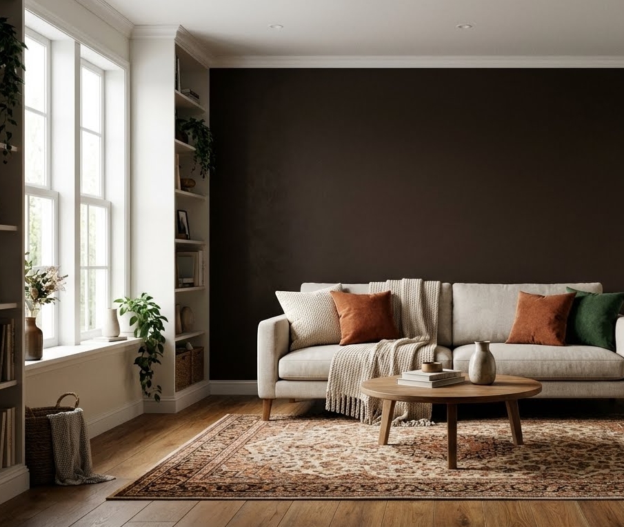 espresso καφε χρωμα τοιχου, βαθια καφε χρωματα, σκουρο καφε σαλονι, καφε τοιχοι σαλονι, καφε τοιχος υπνοδωματιο, cosy dark δωματιο, χρωματα τοιχου 2026, ζεστα χρωματα σαλονιου, χρωματα τοιχου για υπνοδωματιο, διακοσμηση με σκουρο καφε