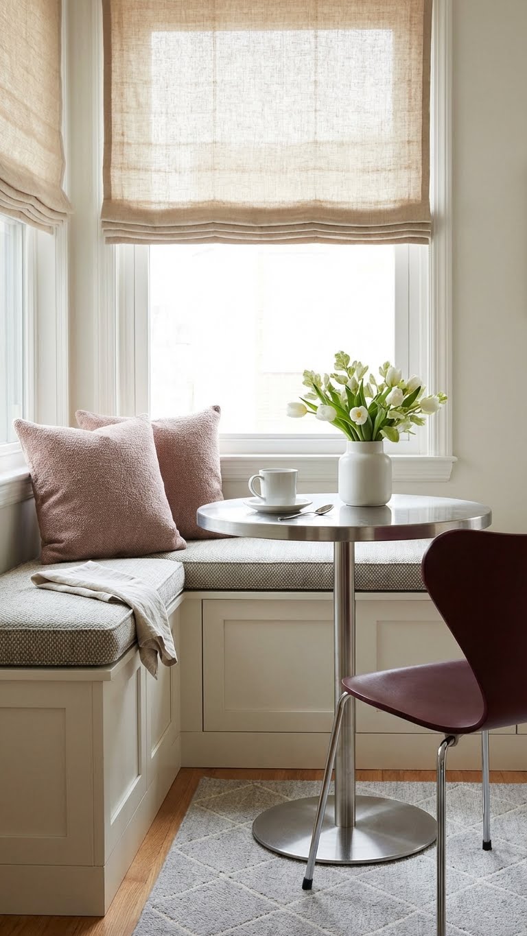 Μικρή γωνιά πρωινού δίπλα σε παράθυρο με παγκάκι, μικρό στρογγυλό μεταλλικό τραπέζι, κόκκινη καρέκλα και ένα φλιτζάνι καφέ.