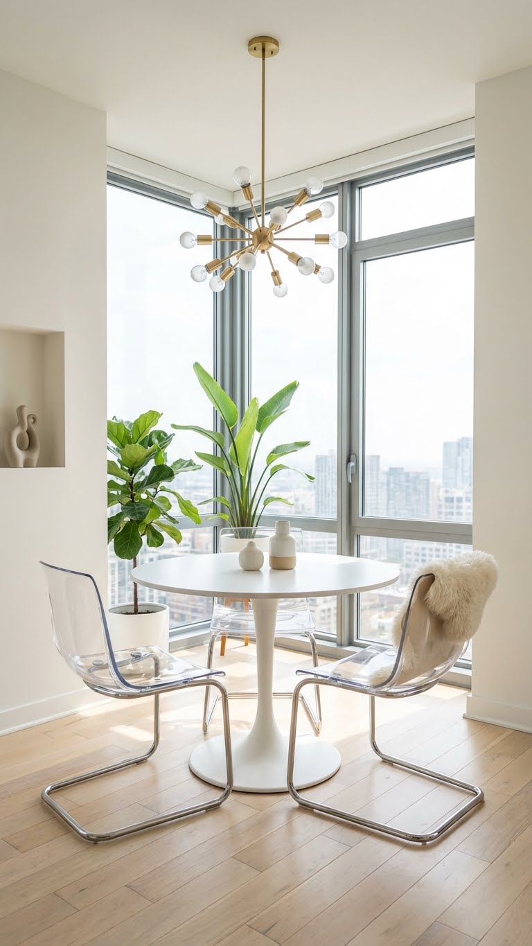 Μινιμαλιστική γωνιά πρωινού σε φωτεινό διαμέρισμα με λευκό στρογγυλό τραπέζι, διάφανες καρέκλες και μεγάλο παράθυρο με θέα πόλης.