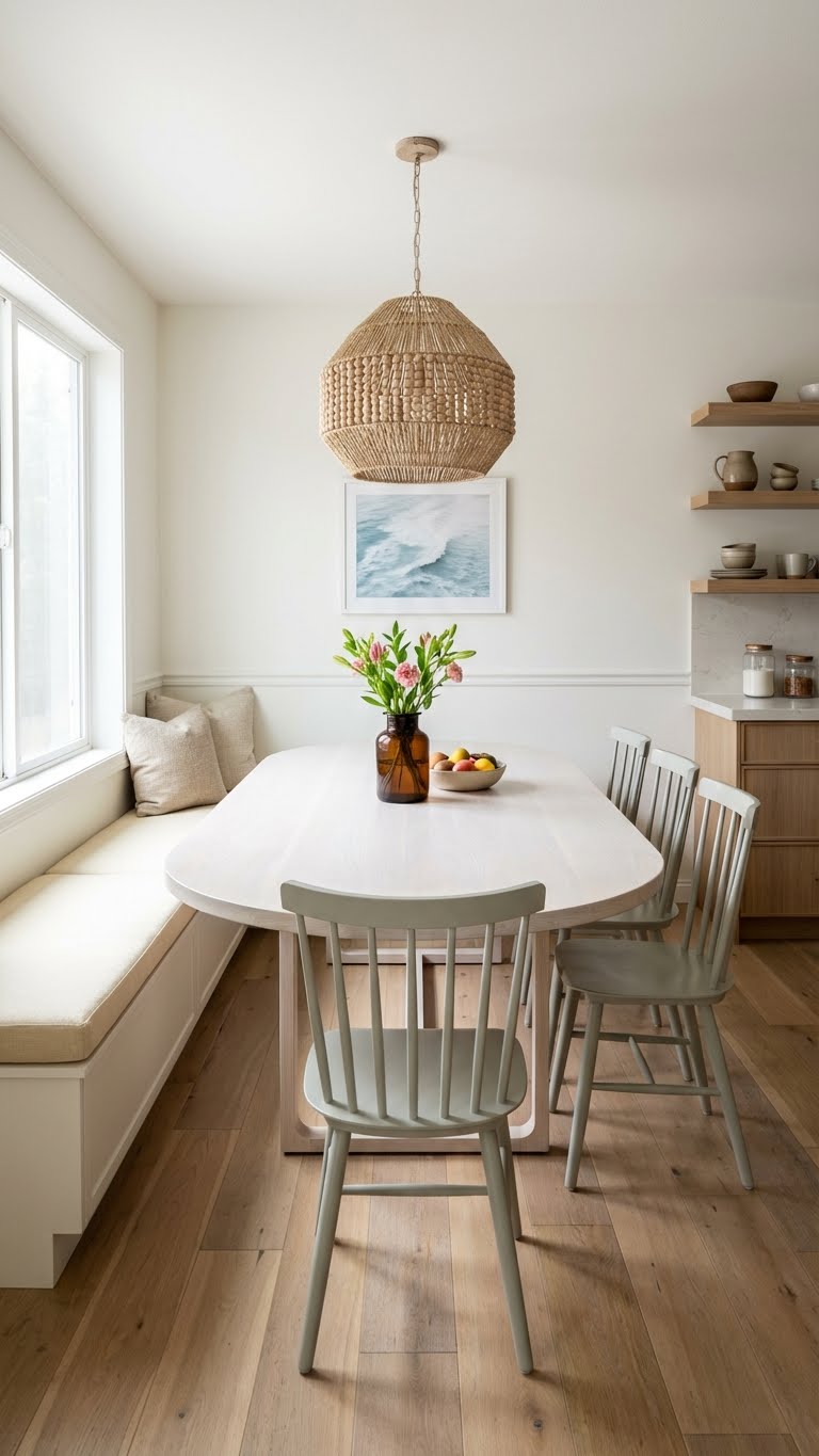 Γωνιά πρωινού με μακρύ οβάλ τραπέζι, λευκές καρέκλες, ενσωματωμένο παγκάκι στο παράθυρο και μεγάλο κρεμαστό φωτιστικό.