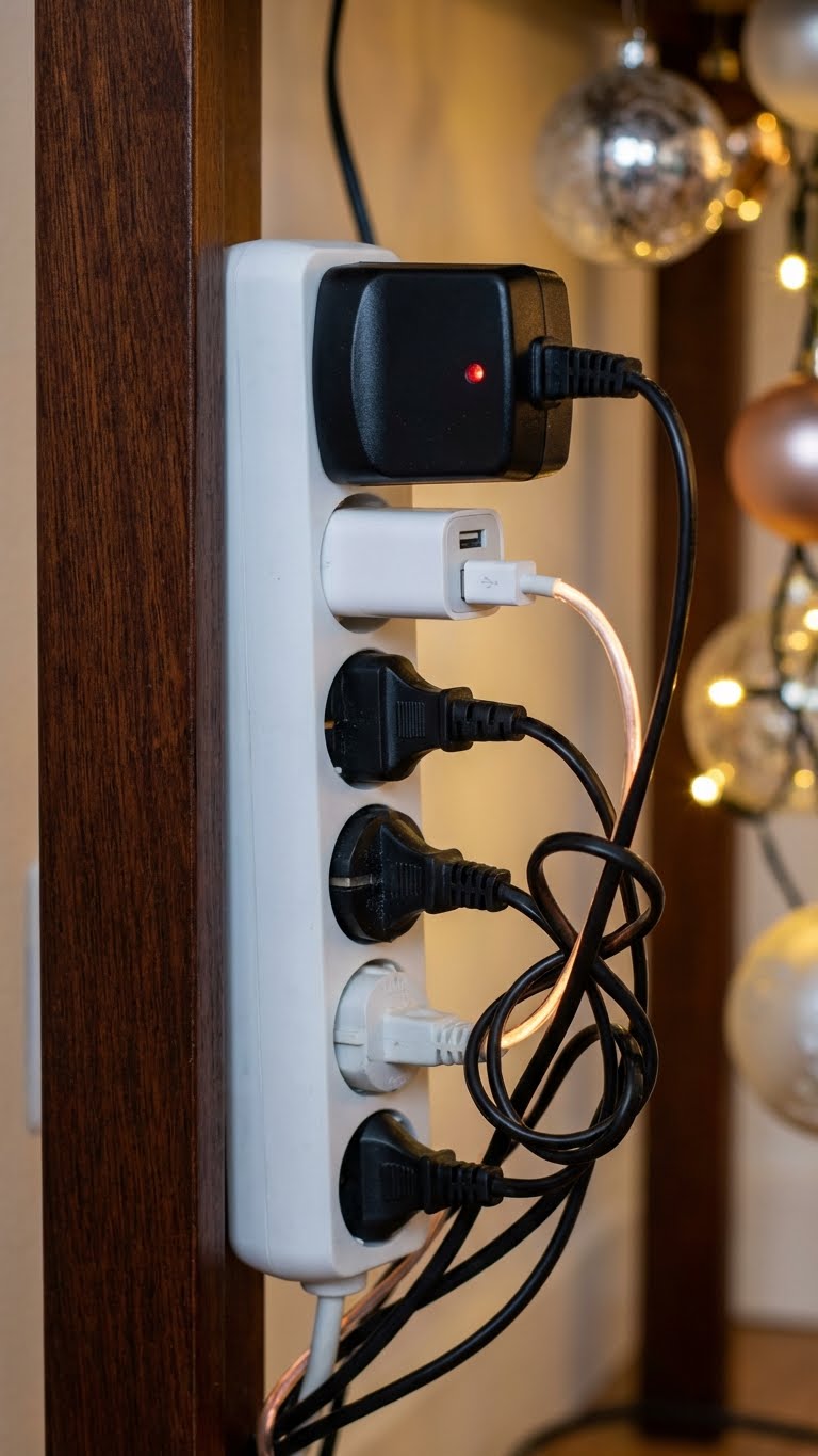 Πολύπριζο με πολλά βύσματα και καλώδια πίσω από έπιπλο, δείχνοντας κίνδυνο υπερφόρτωσης.