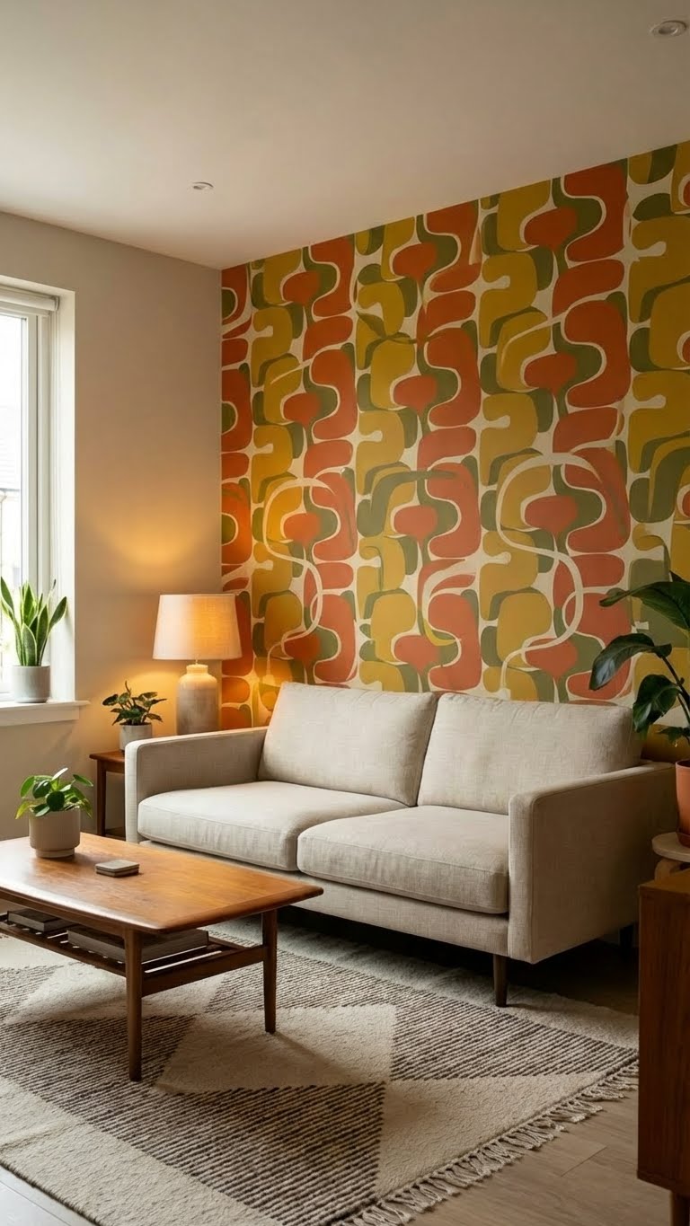 ρετρο διακοσμηση 2026, στυλ δεκαετιας 70, vintage μοτιβα, ρετρο επιπλα, 70s διακοσμηση, γεωμετρικα μοτιβα, ταπετσαρια τοιχου vintage, καρυδι επιπλα, σκουρο ξυλο διακοσμηση, καμπυλες γραμμες επιπλων, retro revival σπιτι, ταπετσαρια μοτιβα τοιχοι