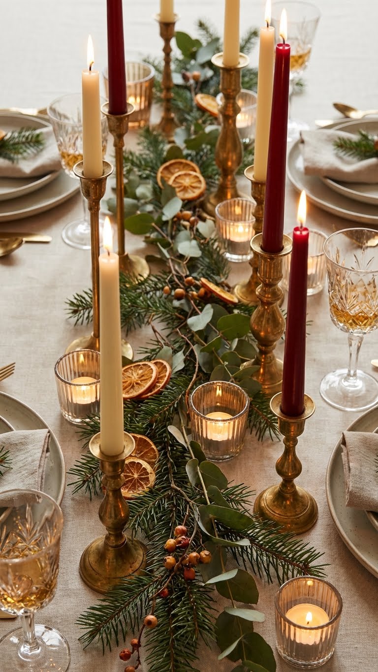 χριστουγεννιατικο τραπεζι διακοσμηση, layers στο χριστουγεννιατικο τραπεζι, διακοσμηση τραπεζιου με κερια, μεταλλικα κηροπηγια χριστουγεννα, υφασματα για χριστουγεννιατικο τραπεζι, πρακτικη διακοσμηση τραπεζιου, ιδεες για χριστουγεννιατικο τραπεζι, ζεστο χριστουγεννιατικο τραπεζι, χρωματα για χριστουγεννιατικο τραπεζι, διακοσμηση τραπεζαριας χριστουγεννα