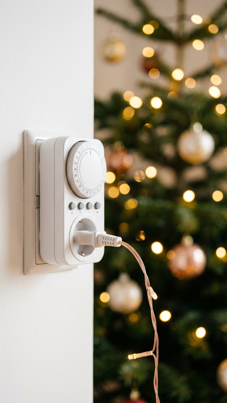 Κοντινό σε χρονοδιακόπτη πρίζας που ελέγχει χριστουγεννιάτικα λαμπάκια