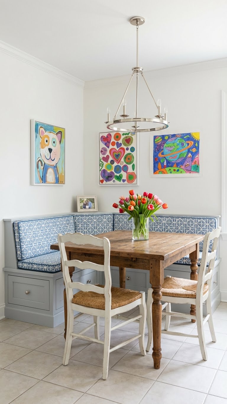 Χρωματιστή γωνιά πρωινού με ενσωματωμένο παγκάκι σε μπλε μοτίβο, ρουστίκ ξύλινο τραπέζι, λευκές καρέκλες και παιδικά έργα ζωγραφικής στον τοίχο.