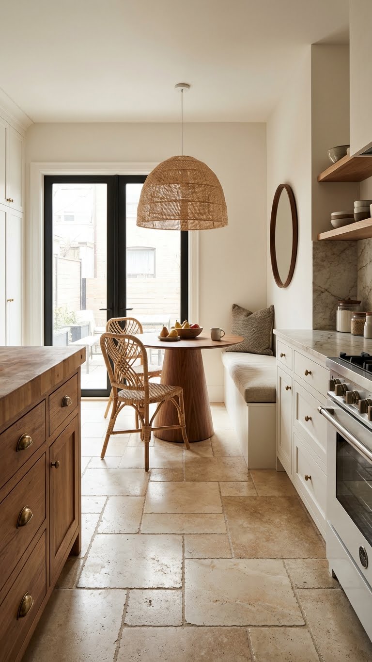 Κουζίνα σε ουδέτερους τόνους με μικρή γωνιά πρωινού στο βάθος, στρογγυλό τραπέζι, ψάθινες καρέκλες και μεγάλο κρεμαστό φωτιστικό πάνω από το τραπέζι.