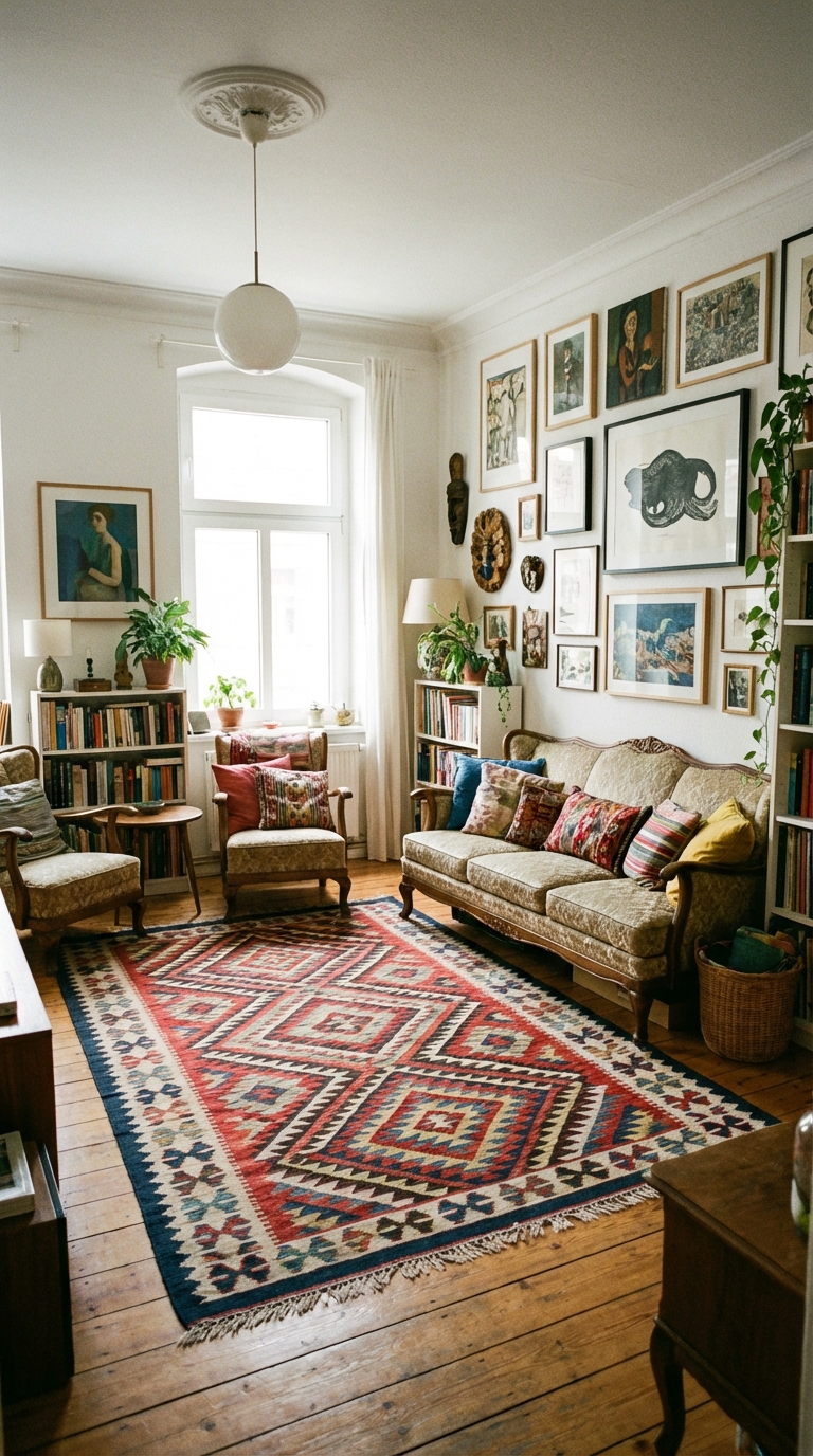 μαξιμαλιστικη διακοσμηση, μαξιμαλιστικο σαλονι, τασεις σαλονιου 2026, τασεις διακοσμησης 2026, vintage διακοσμηση, αναμειξη στυλ, εκλεκτικη διακοσμηση, layering στη διακοσμηση, μοτιβα στο σαλονι, χαλι με μοτιβο, gallery wall σαλονι, καδρα στο σαλονι, υφες στη διακοσμηση, χρωματα σαλονιου, φωτισμος σαλονιου 