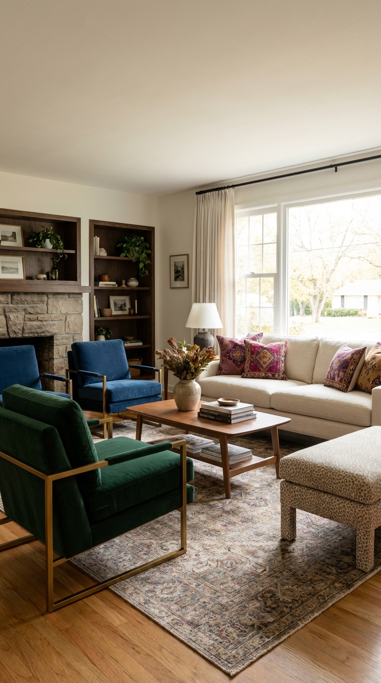 μαξιμαλιστικη διακοσμηση, μαξιμαλιστικο σαλονι, τασεις σαλονιου 2026, τασεις διακοσμησης 2026, vintage διακοσμηση, αναμειξη στυλ, εκλεκτικη διακοσμηση, layering στη διακοσμηση, μοτιβα στο σαλονι, χαλι με μοτιβο, gallery wall σαλονι, καδρα στο σαλονι, υφες στη διακοσμηση, χρωματα σαλονιου, φωτισμος σαλονιου