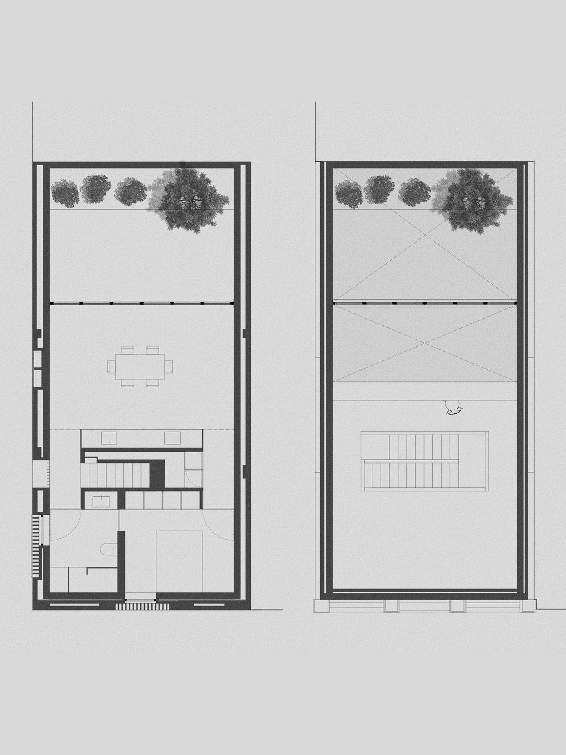 Κατόψεις ισογείου και παταριού της Casa Nido με την αυλή στο βάθος, τον χώρο διπλού ύψους και τον πυρήνα της σκάλας