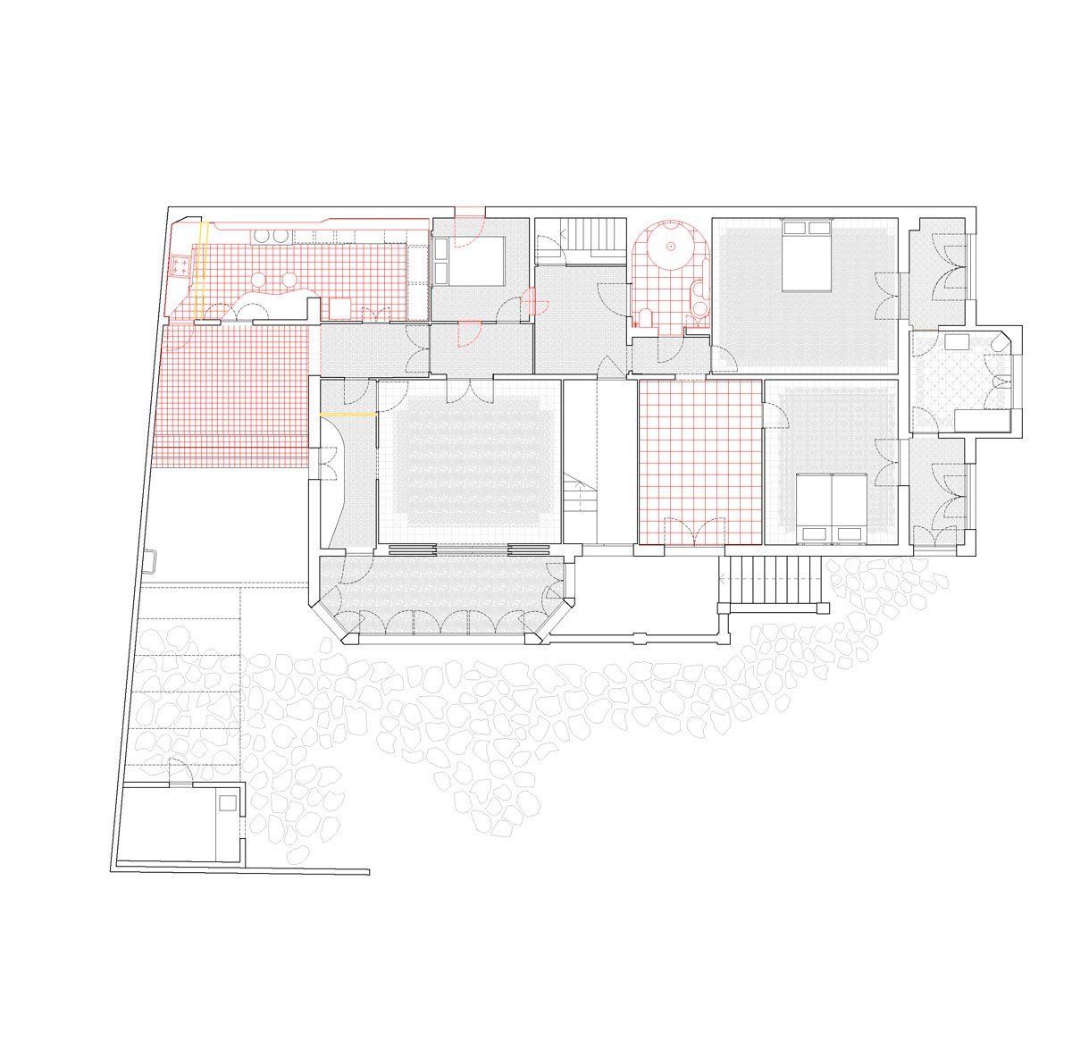 Κάτοψη του ισογείου της Casa Plató με τα δωμάτια, την κουζίνα, το μπάνιο και την αυλή