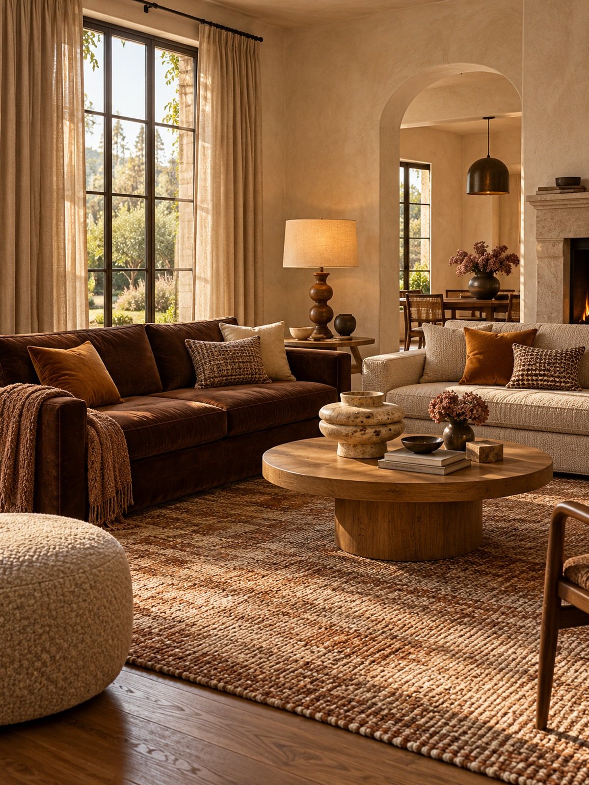 Σοκολατί και ανοιχτόχρωμος καναπές σε γωνία με κοινό χαλί και ζεστό φωτισμό