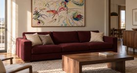 Σαλόνι με μπορντό καναπέ και πίνακα Kandinsky σε λεπτή ξύλινη κορνίζα