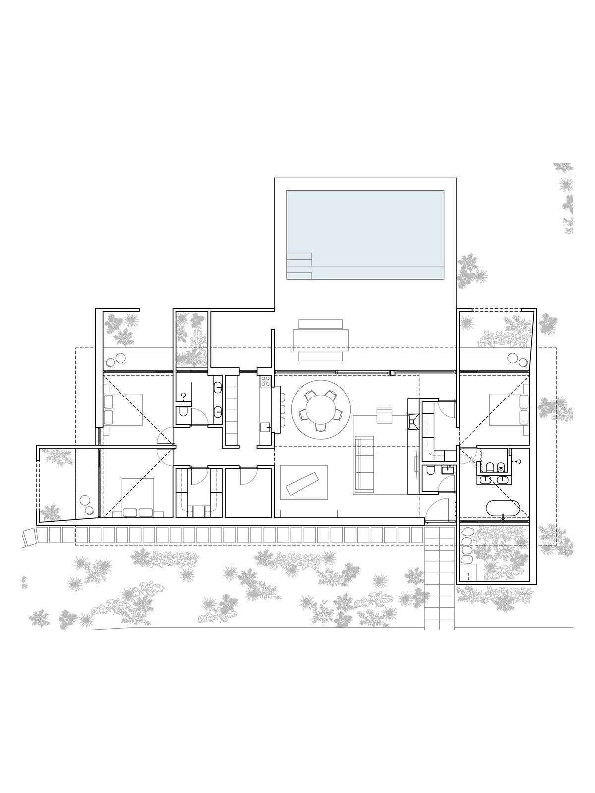 Κάτοψη ισογείου του House in Serra με τους κοινόχρηστους χώρους στο κέντρο, τα υπνοδωμάτια στις δύο πλευρές, τις αυλές στις γωνίες και την πισίνα