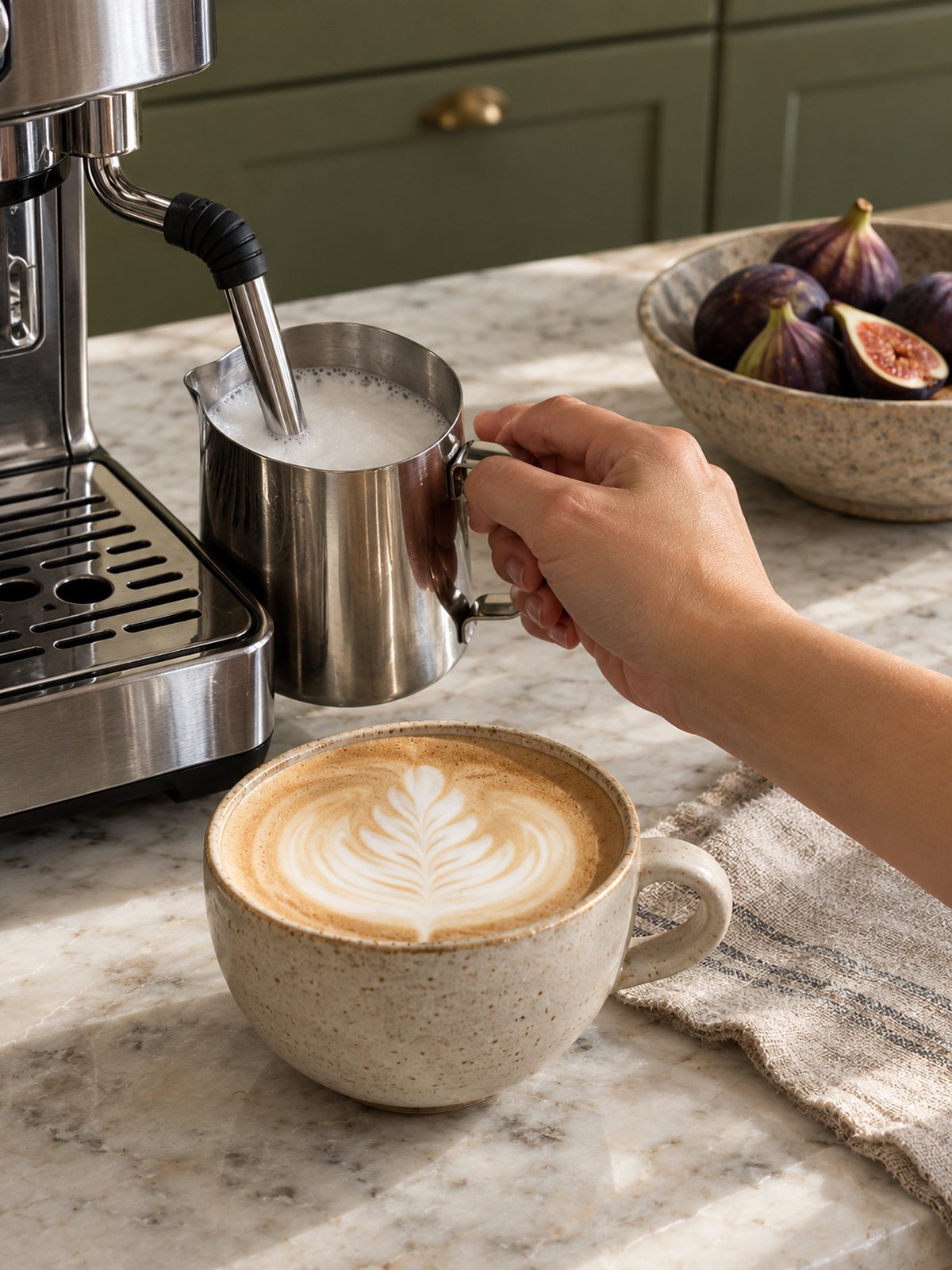 Cappuccino με αφρόγαλα σε κεραμικό φλιτζάνι δίπλα σε μηχανή espresso
