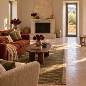 Μακρόστενο σαλόνι με τζάκι: Διάταξη με ελεύθερο πέρασμα